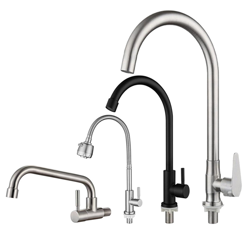 304 stainless steel single-cooling faucet, kitchen faucet wholesale, household engineering cross-border 4-point single-cooling large bend kitchen faucet full figure