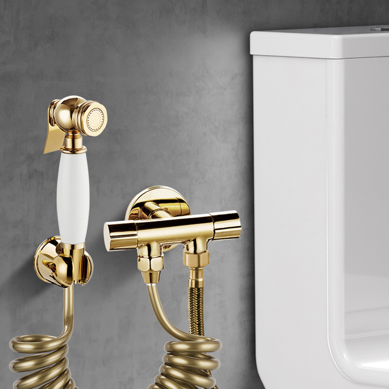French-style all-copper bathroom high-pressure cleaning showerhead, water gun, nozzle, toilet spray gun companion, one in and two out full figure