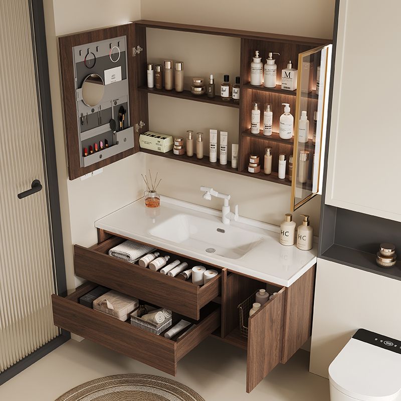 Walnut wood washbasin, bathroom cabinet combination, bathroom hand washing and washbasin, ceramic integrated washbasin, new Chinese-style face washing Application Scenario