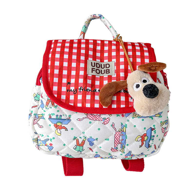 Korean-style sewn backpack for autumn and winter, new embroidered checkered girls' small backpack for going out, cotton parent-child backpack, mommy bag Item Picture