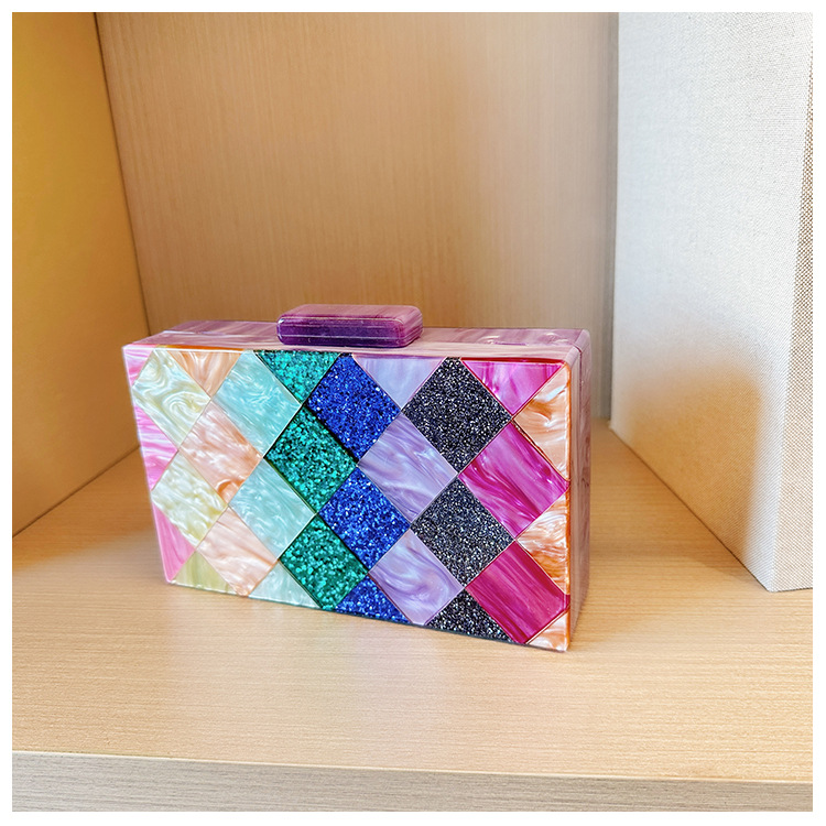 New cross-border foreign trade women's checkered acrylic bag, dinner bag, single-shoulder crossbody wedding and banquet clutch bag details Picture