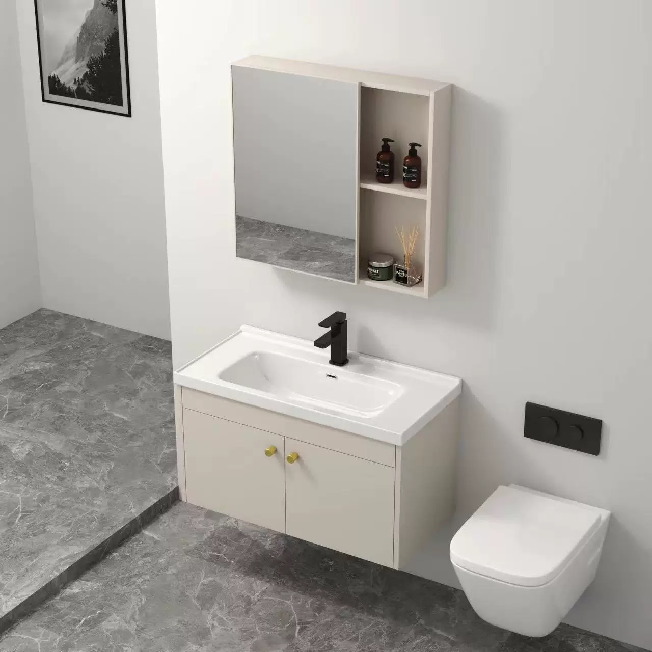 Cream-style space aluminum bathroom cabinet, combined bathroom ceramic integrated basin, hand washing basin, washbasin and washbasin details Picture