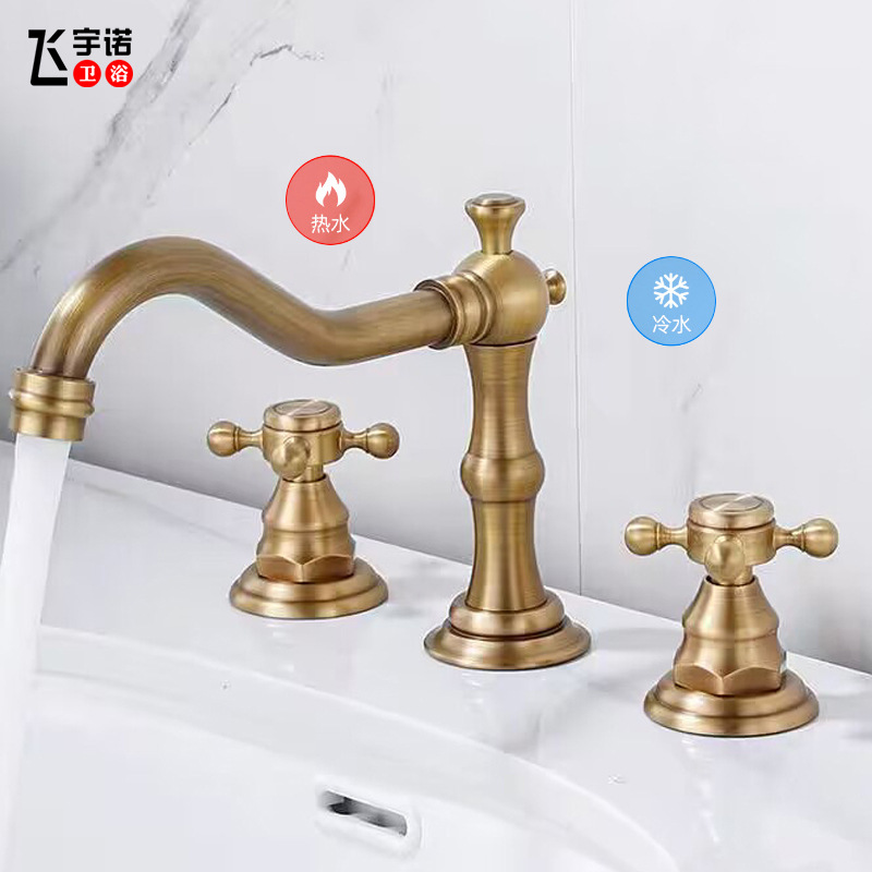 Brass French vintage washbasin, three-hole faucet, bathroom cabinet, double-handle split three-piece set, cold and hot splash-proof faucet Specification drawing