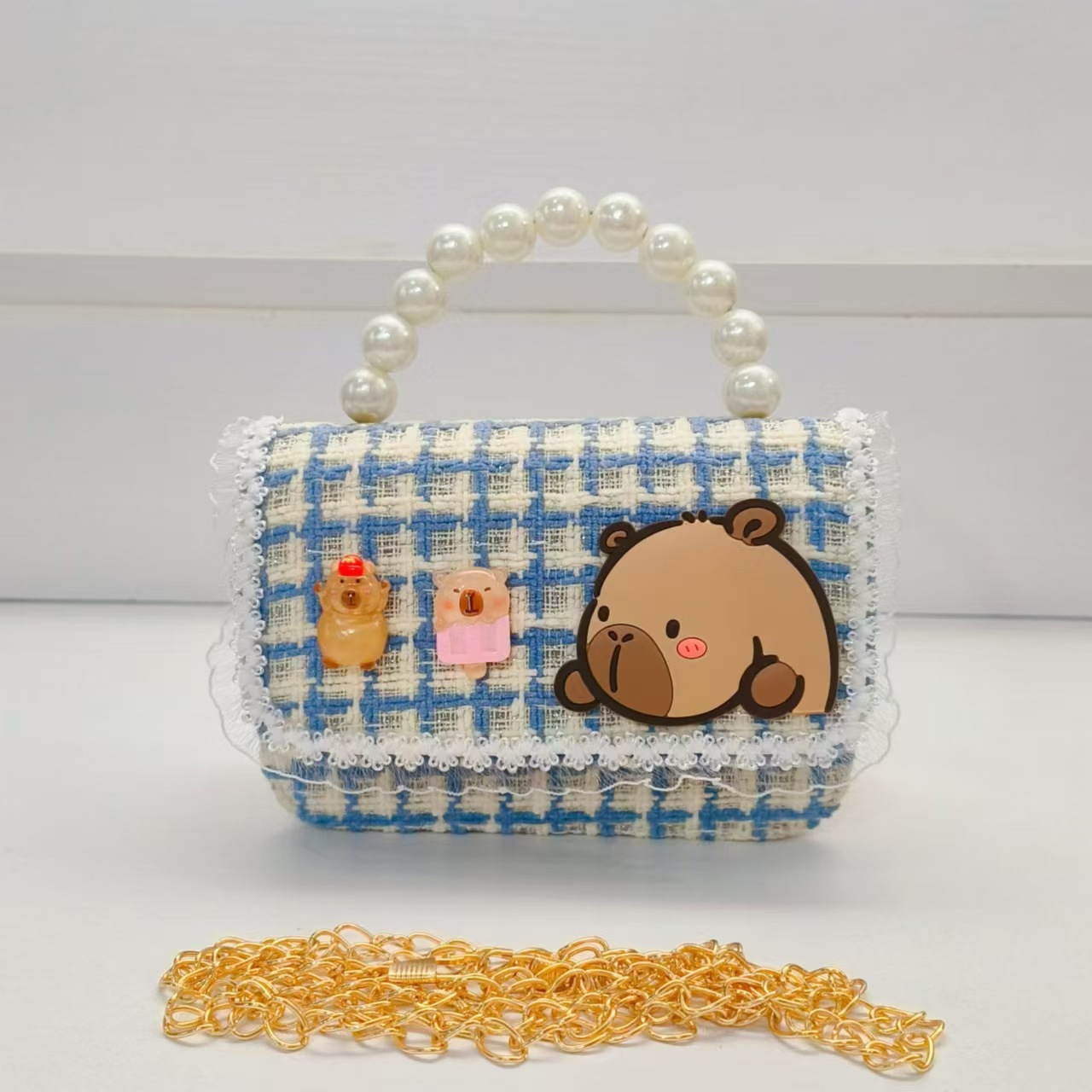 Pearl handbag, Kapipala children's bag, crossbody loose change accessory bag, girls' lucky money bag, chain small square bag Specification drawing
