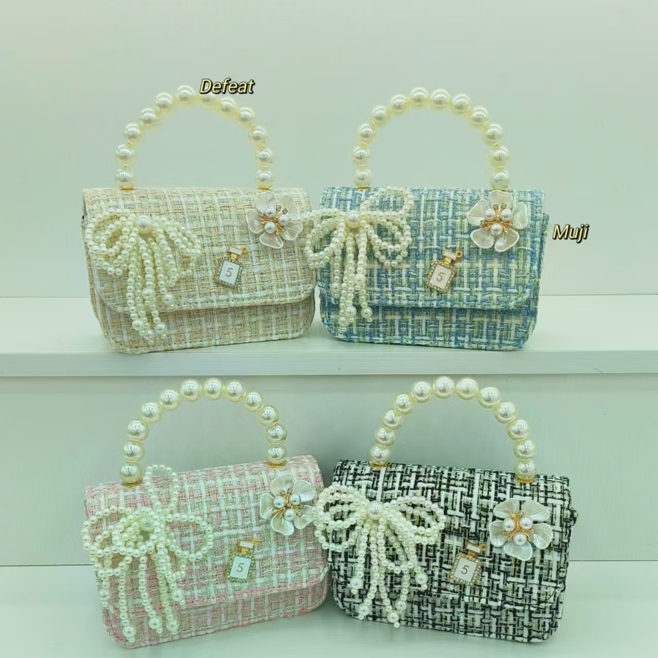 Bow princess bag, pearl handbag, chain single-shoulder accessory bag, little girl crossbody bag, small square bag, coin purse full figure