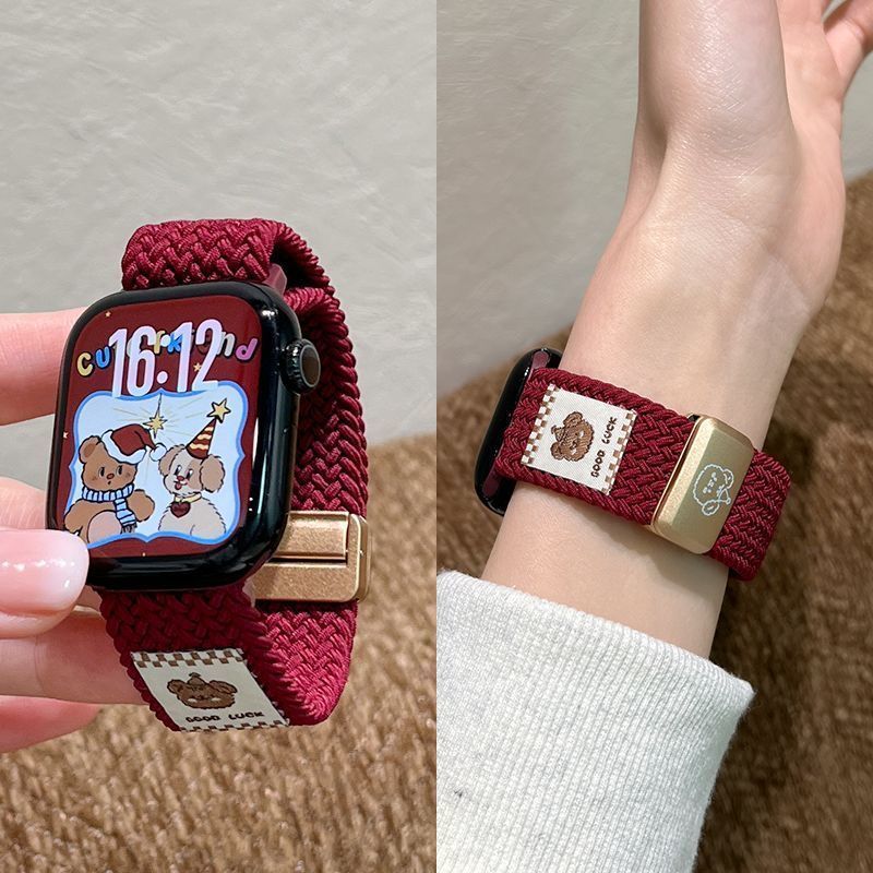 The top hat bear woven watch strap is suitable for the autumn and winter breathable Apple Watch s10 strap, Apple Watch 9/SE7 full figure