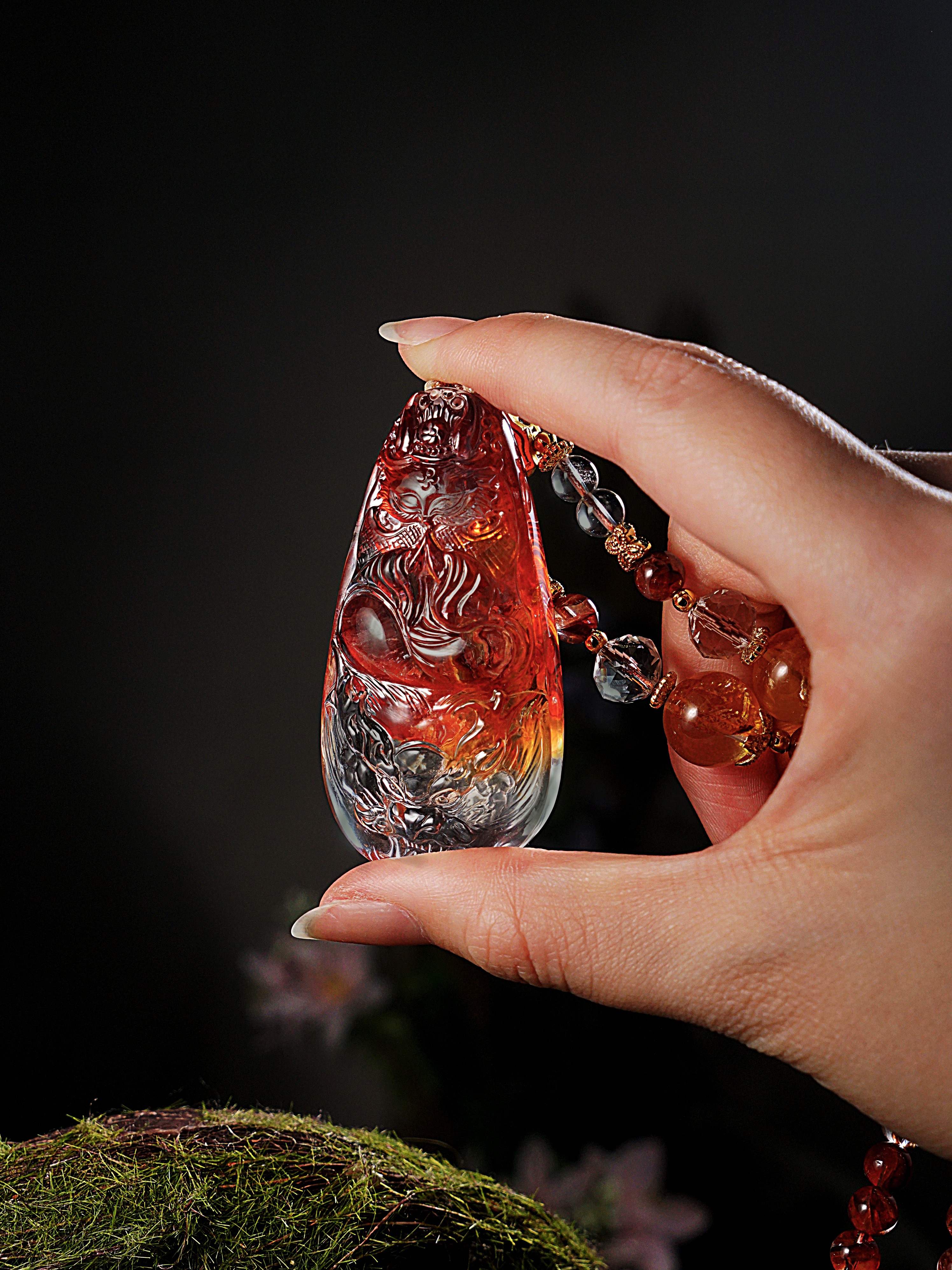 天然水晶红胶花龙凤狐牌国风项链