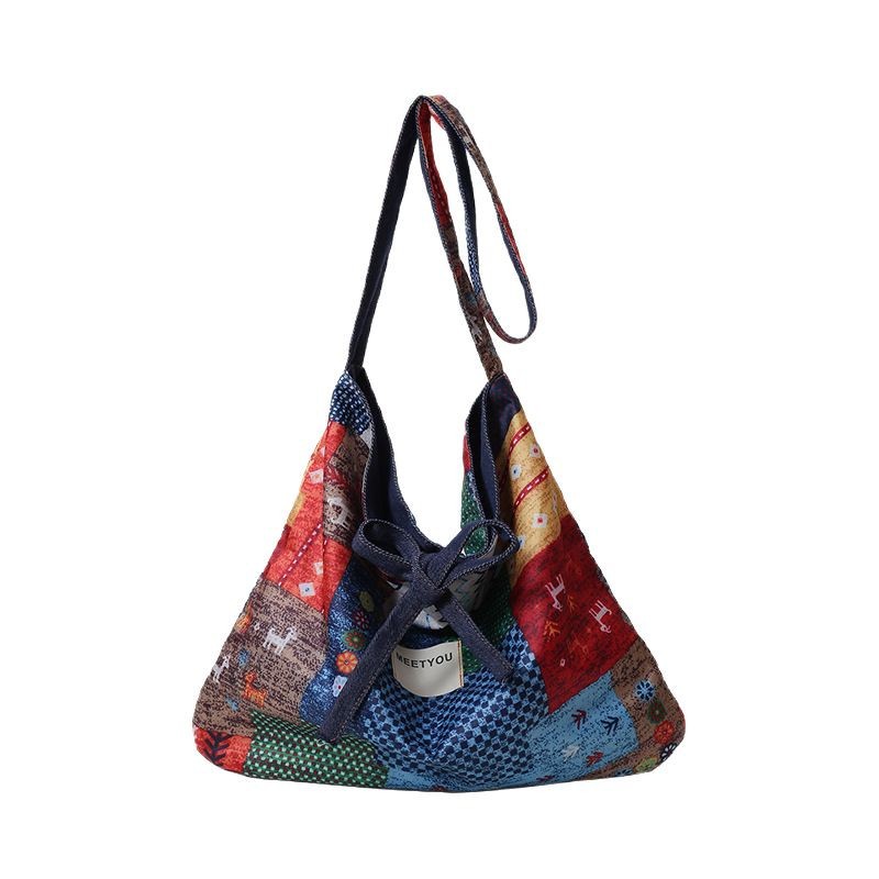 This stylish and versatile ethnic-style tote bag is a new spring collection with denim patchwork on both sides and a large-capacity, stylish single-shoulder bag Item Picture