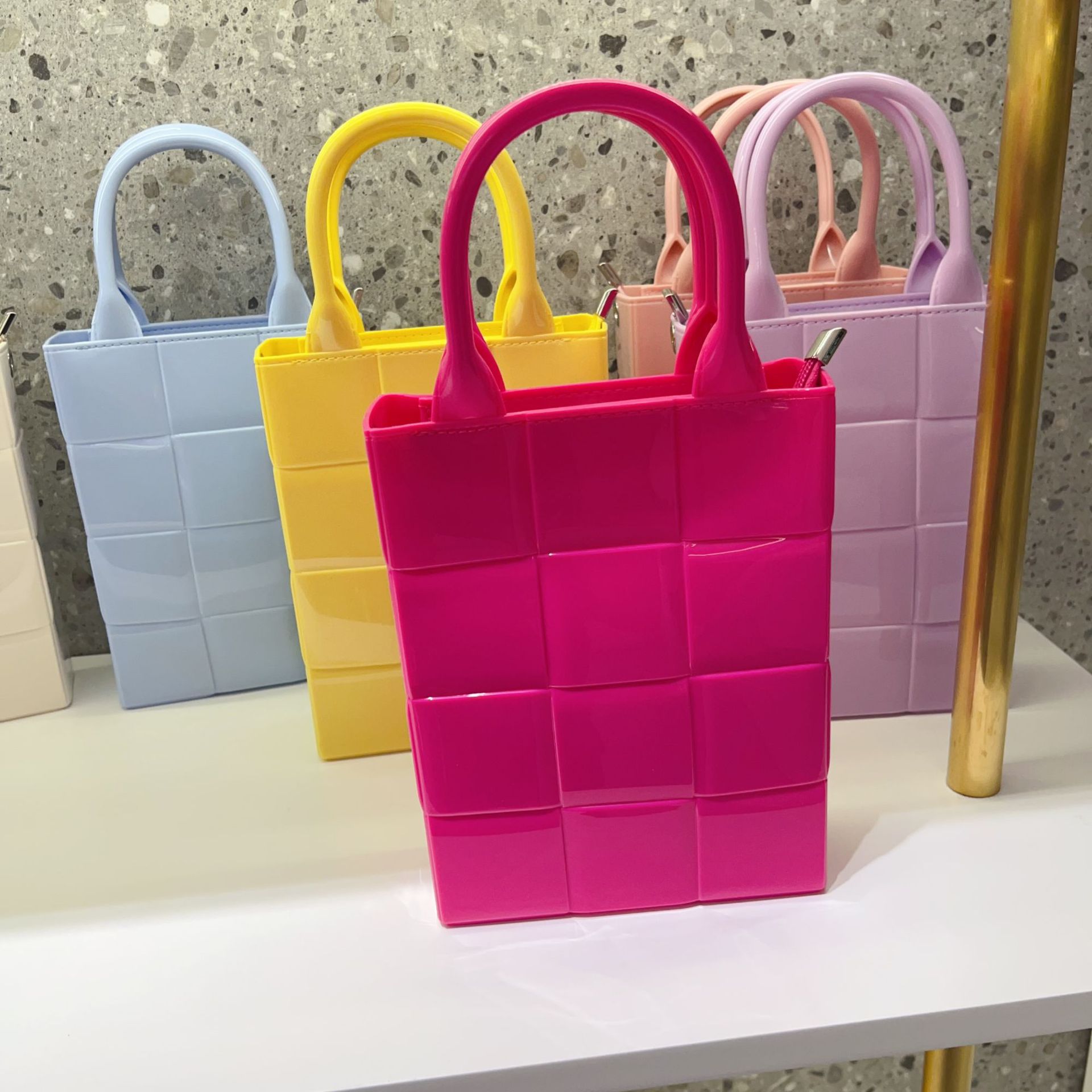 2025 Summer new PVC jelly bag, vertical checkered hand-held women's bag, large capacity, simple candy-colored shopping bag details Picture