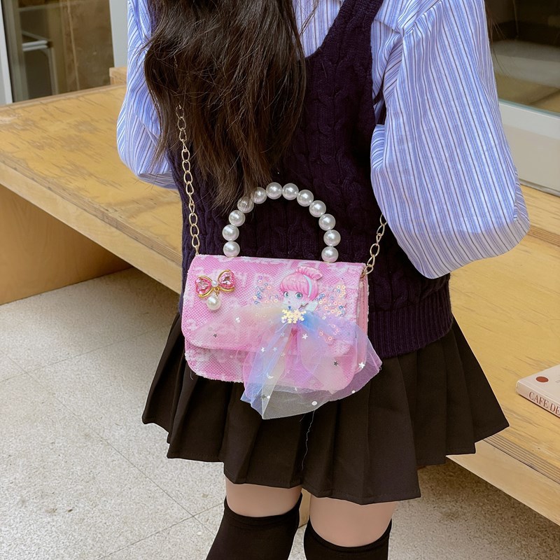 2024 New children's bags: pearl handbag, stylish princess pink girl shoulder bag, crossbody bag, coin purse details Picture