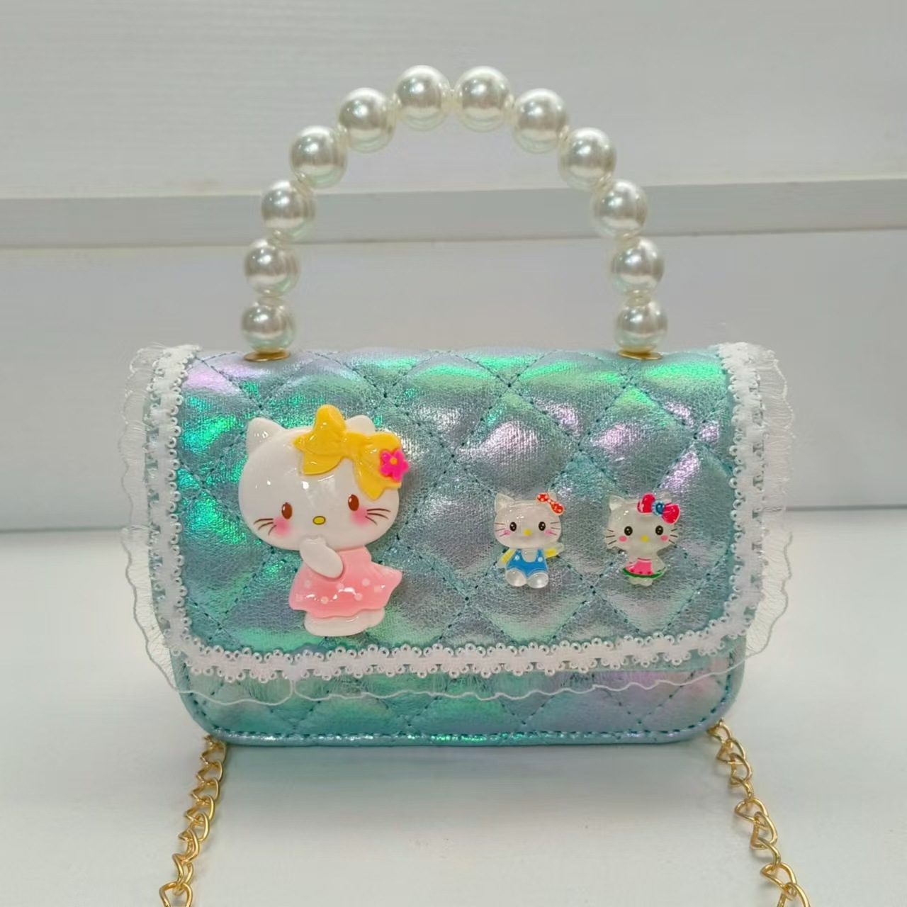 Pearl handbag, single-shoulder crossbody bag, children's bag, loose change accessory bag, little girl's lucky money bag, chain small square bag Specification drawing