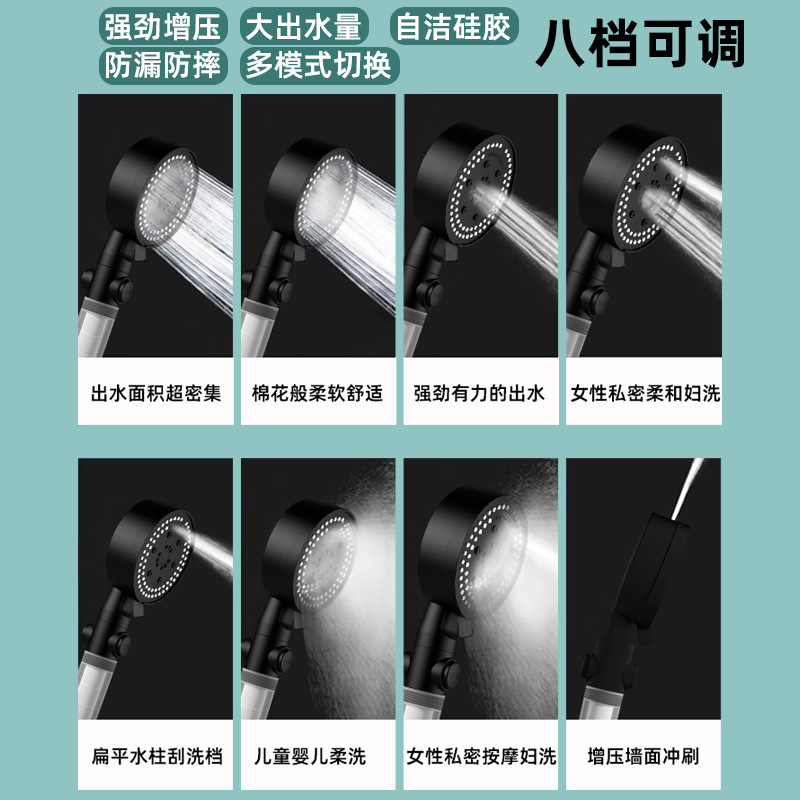 Eight-speed filtration pressurized showerhead, large water output showerhead, comfortable for bathing, household showerhead and showerhead set details Picture