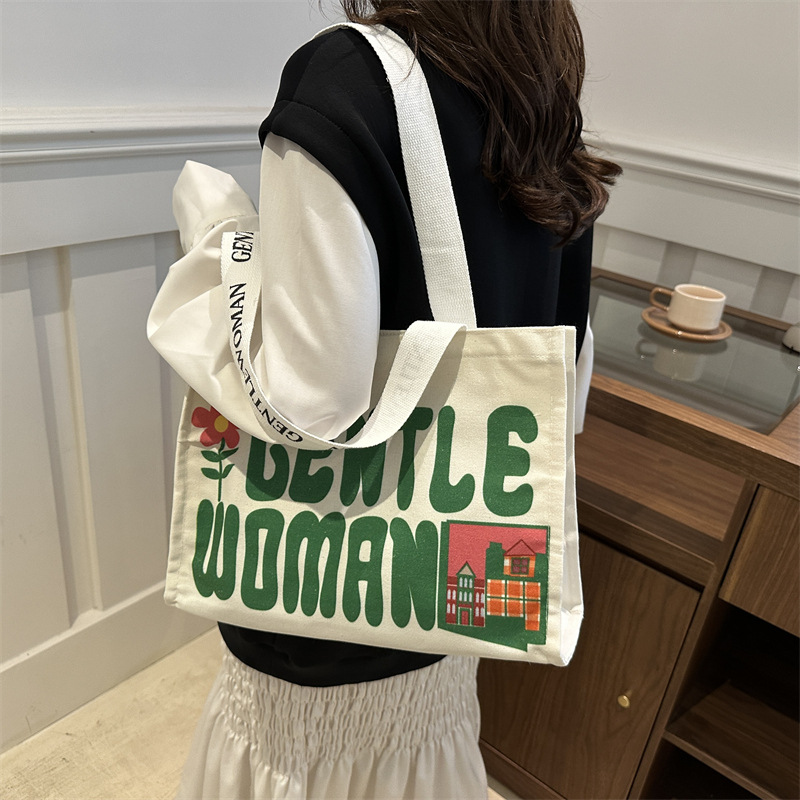 Large-capacity letter canvas bag 2025 new style ins printed versatile shoulder bag for commuting and portable ladies' tote bag details Picture