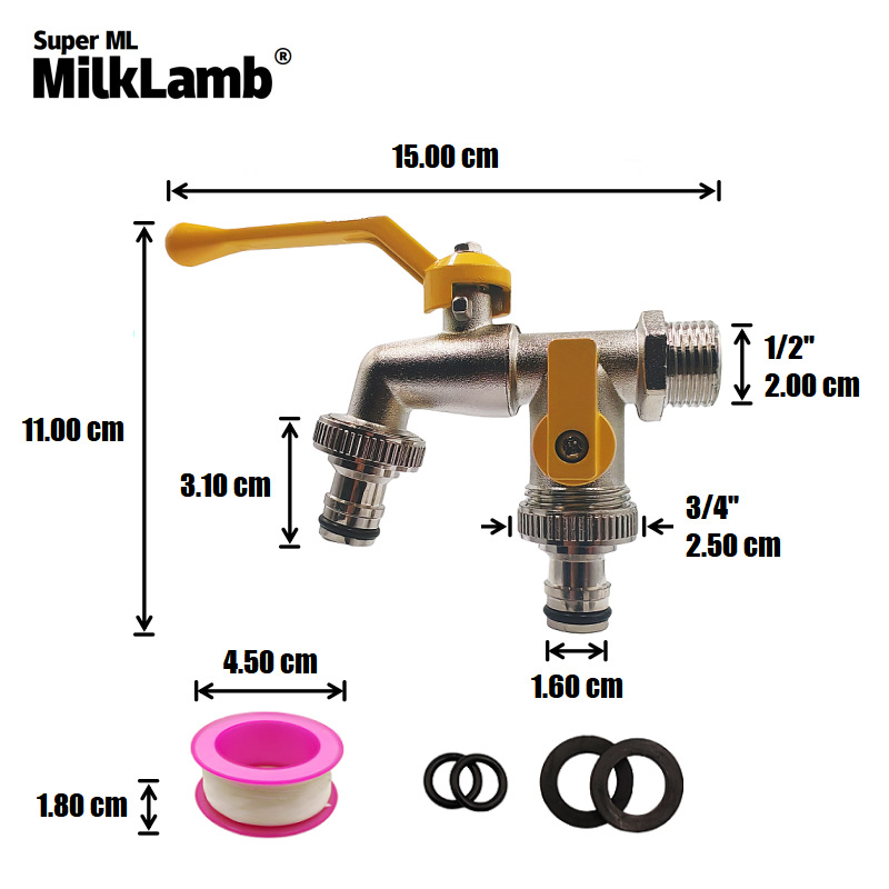 Cross-border exclusive 1/2 Gardening Double zinc alloy faucet, one in and two out double pacifier faucet [Yellow aluminum] details Picture