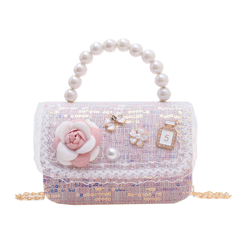 Children's bags, princess Chanel-style chain bags, pearl accessories, hand-held bags, trendy kids, cute little flower single-shoulder bags, girls Item Picture