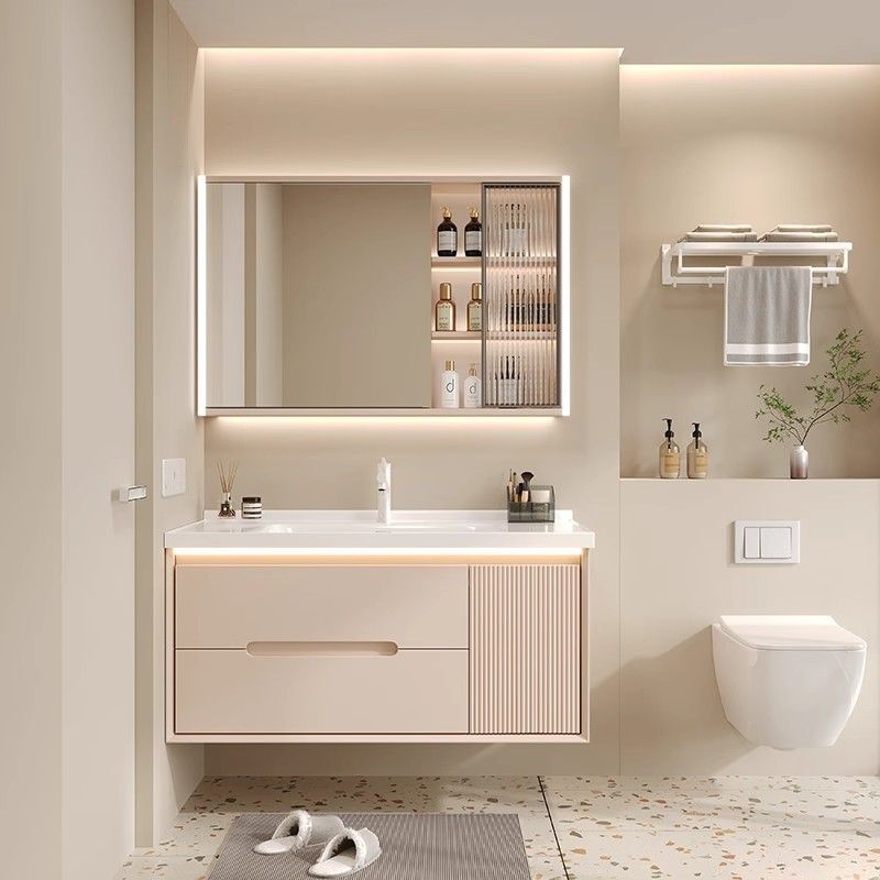 French light luxury bathroom cabinet, combined washbasin, ceramic integrated washbasin, smart washbasin, hand washing, bathroom cabinet, cream details Picture