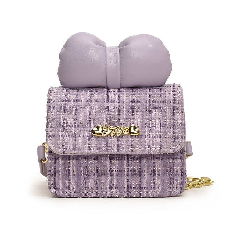 Sweet bow children's bag, heartwarming hardware baby single-shoulder bag, 2024 new tweed little chanel-style girls' bag Item Picture