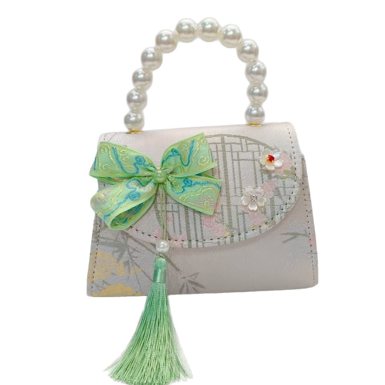 Children's bags, Chinese-style bow tassel girls' shoulder bags, little princess pearl hand-held storage coin purifiers wholesale Item Picture