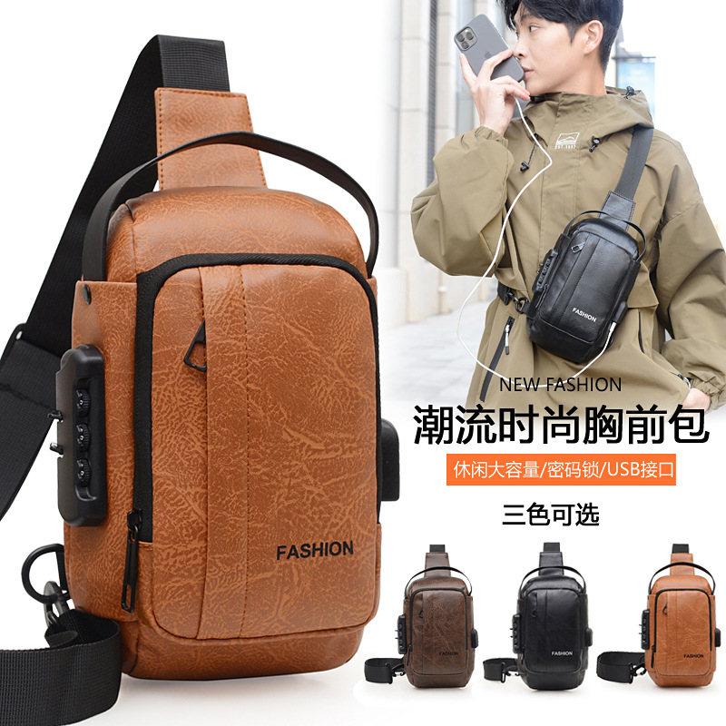 New PU textured men's chest bag, anti-theft password lock single-shoulder bag, large-capacity business commuting hand-held crossbody bag full figure