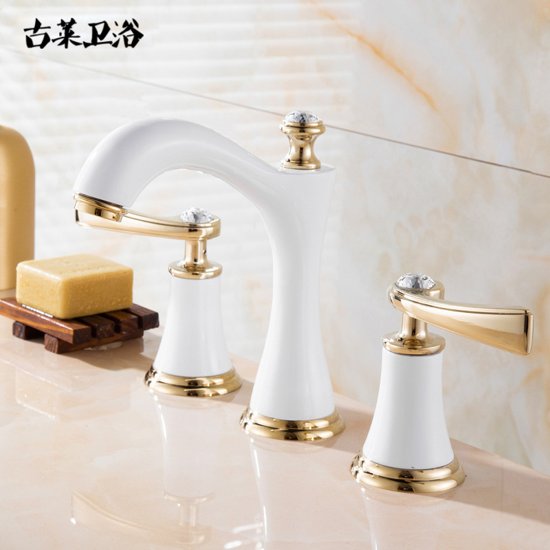 European-style three-hole 8-inch washbasin faucet, all-copper bathroom cabinet, three-piece set of split faucet, titanium gold cold and hot water faucet details Picture