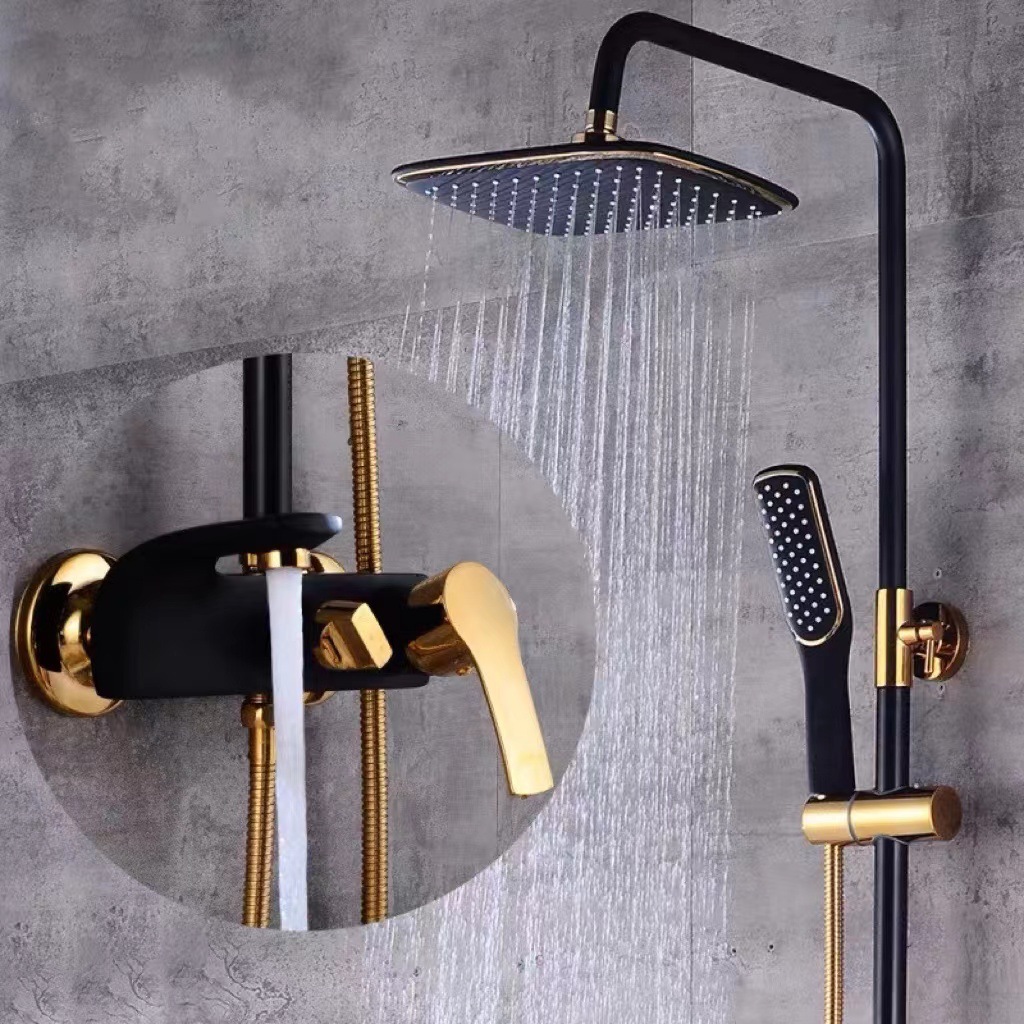 All-copper black gold shower head set, European-style cold and hot bathroom, hand-held shower head, lifting shower rod, pressurized shower head details Picture