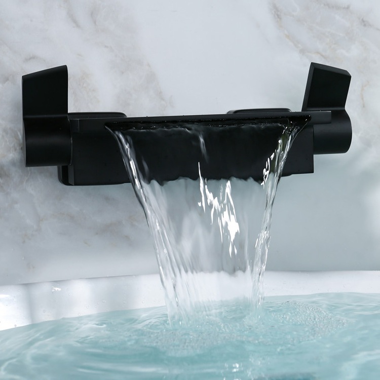 Wall-mounted bathtub faucet, brass waterfall triple cold and hot shower head set, American-style concealed apartment wall wine Specification drawing