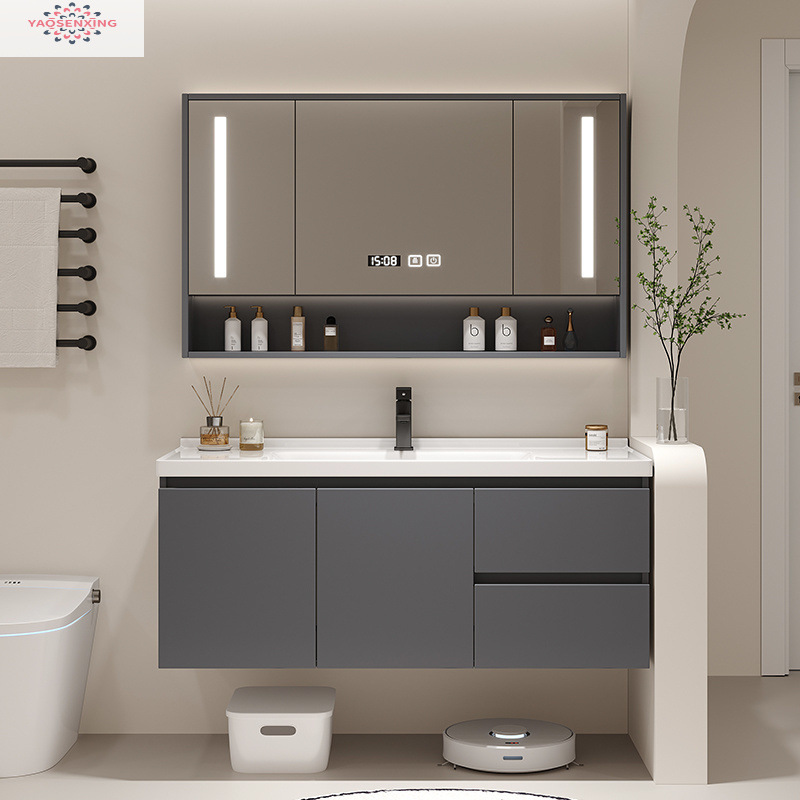 Simple bathroom solid wood floor-standing washbasin cabinet combination washbasin, cream-colored bathroom cabinet, ceramic integrated basin details Picture