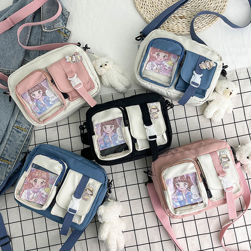 Japanese-style small bag girl, Korean ulzzang vintage style, cute and soft girl, transparent card student color-blocking crossbody bag full figure