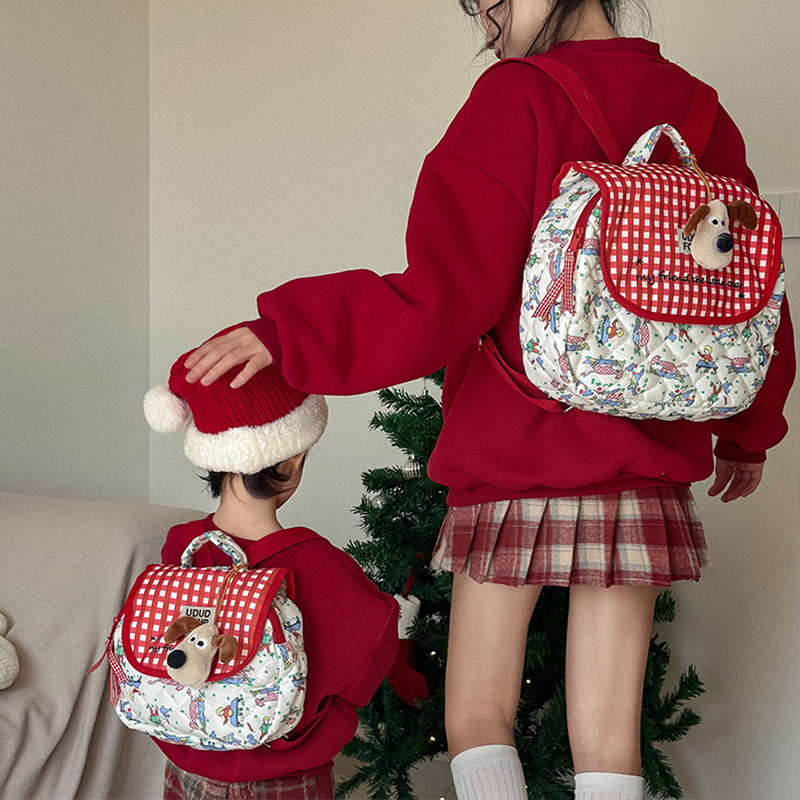 Korean-style sewn backpack for autumn and winter, new embroidered checkered girls' small backpack for going out, cotton parent-child backpack, mommy bag details Picture