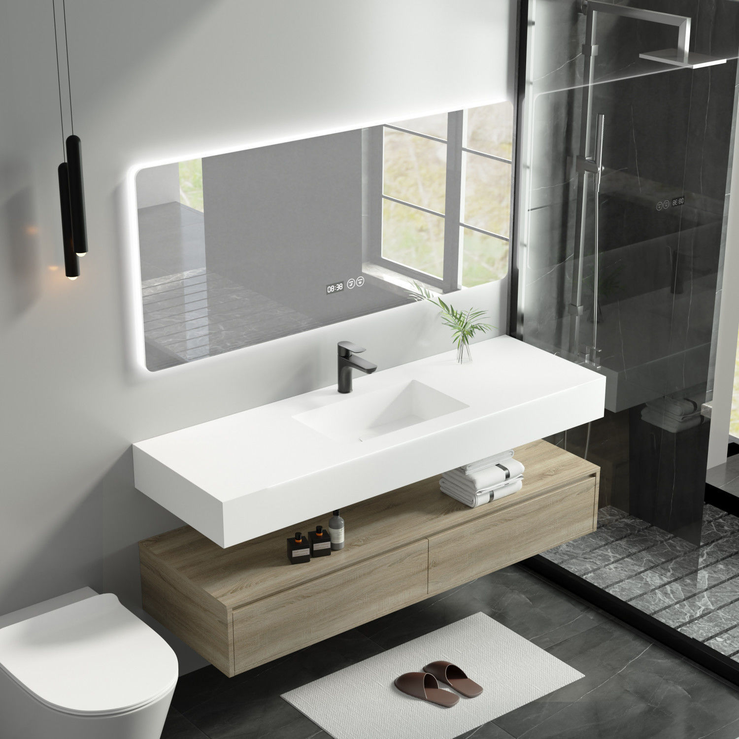 Bathroom rock plate integrated seamless ceramic basin, solid wood cabinet combination, washbasin, washbasin, seamless basin, bathroom Application Scenario