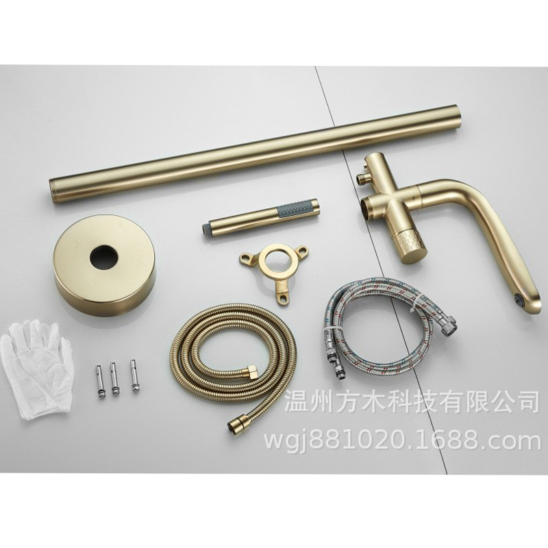 Black chrome-plated brushed gold gun gray floor-standing single-handle double-control ceramic valve core hot and cold water faucet, wooden bucket bathtub, showerhead details Picture