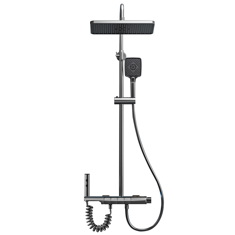 Gun grey piano digital display shower head set, household all-copper pressure-increasing constant-temperature complete water-plated shower head Item Picture