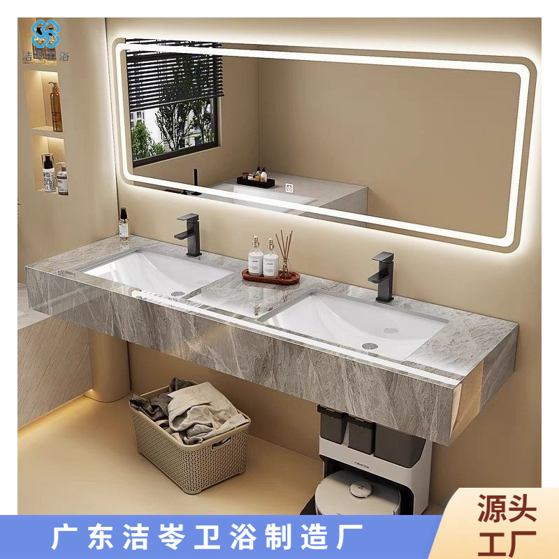 Public restroom rock plate washbasin, double-basin bathroom cabinet, wall-mounted double-person washbasin cabinet, combination bathroom set full figure