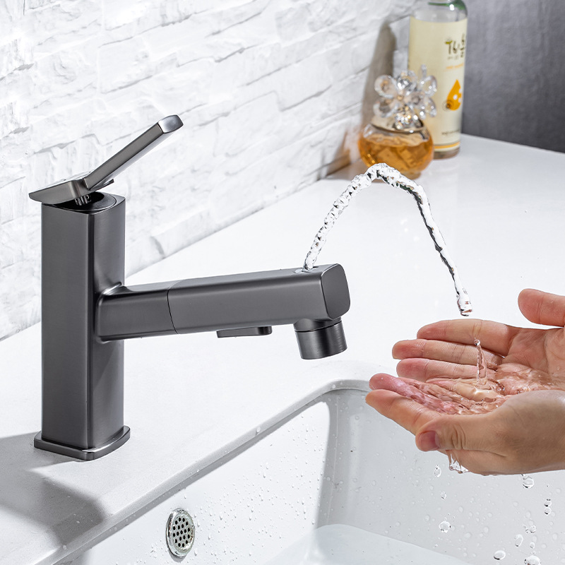 Carefully selected gun gray bathroom washbasin faucet that can be pulled and rotated to overflow water. Bathroom counter basin faucet full figure