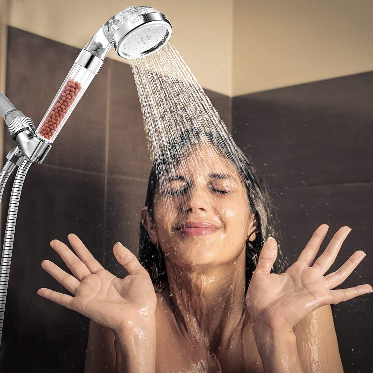 Three-speed pressure-increasing water-saving showerhead, negative ion showerhead with hose and showerhead stand, American handheld showerhead set Specification drawing