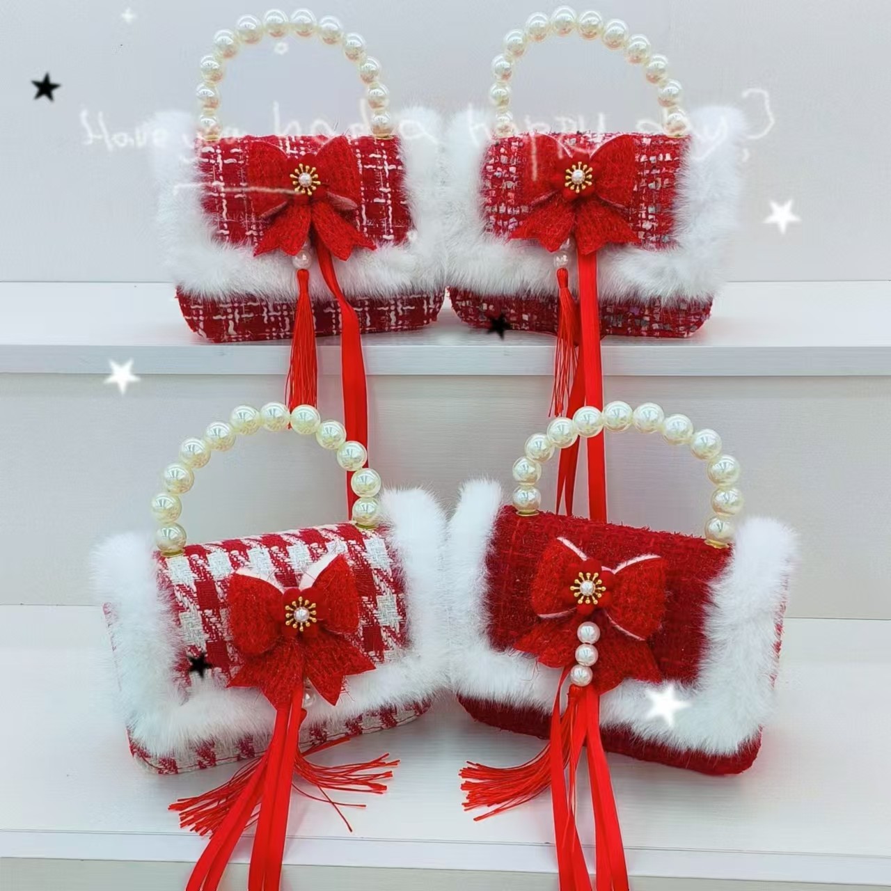 Children's New Year greeting bag, single-shoulder bag, fashionable chain, small chanel-style bag, lucky money, red hand-held crossbody bag, gift beads full figure
