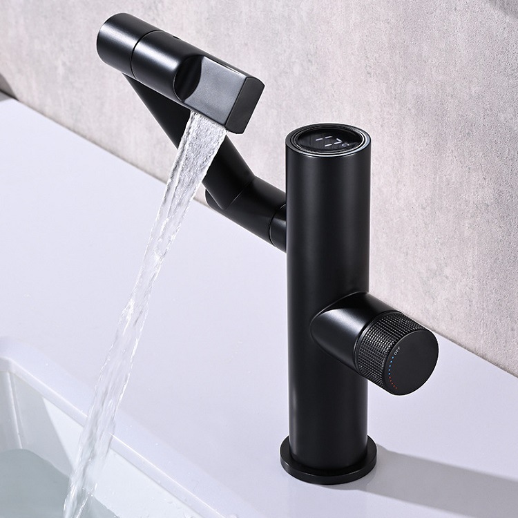 The Maneki Neko faucet shows temperature. It features a full copper swing arm washbasin gun and a gray LED digital display details Picture