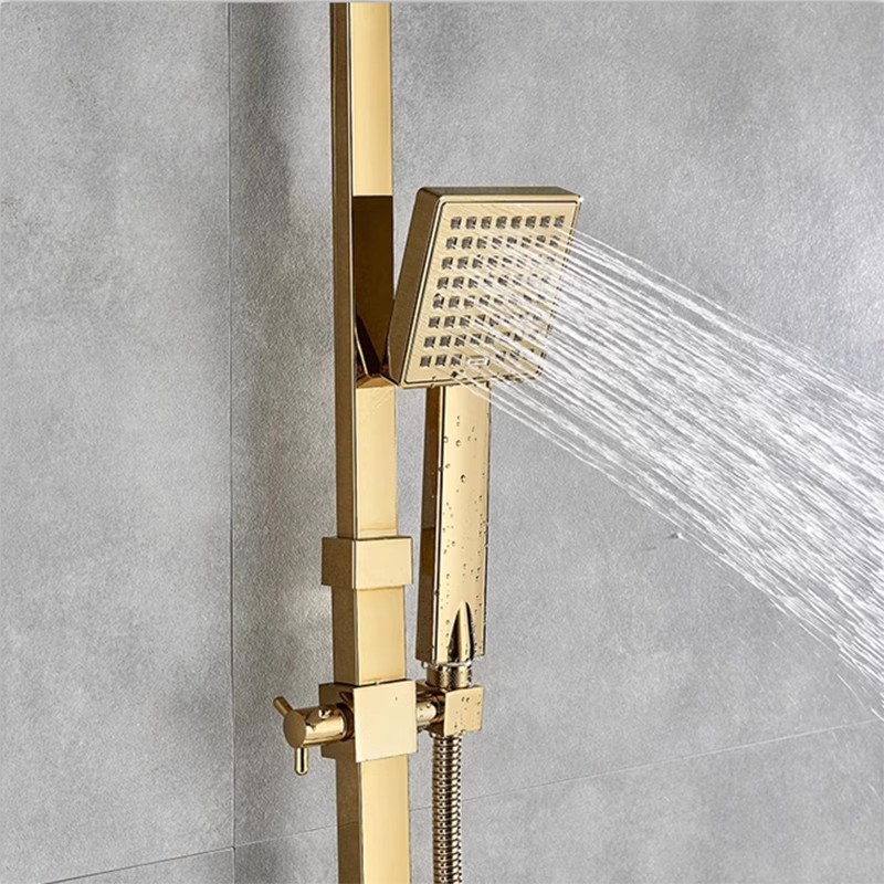 Golden shower set, faucet, wall-mounted hot and cold shower column, square rain shower head, European style details Picture