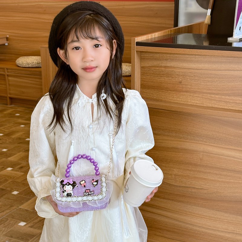 Cute princess pearl handbag for girls, stylish chain crossbody children's bag, cartoon little girl loose change single-shoulder bag Specification drawing