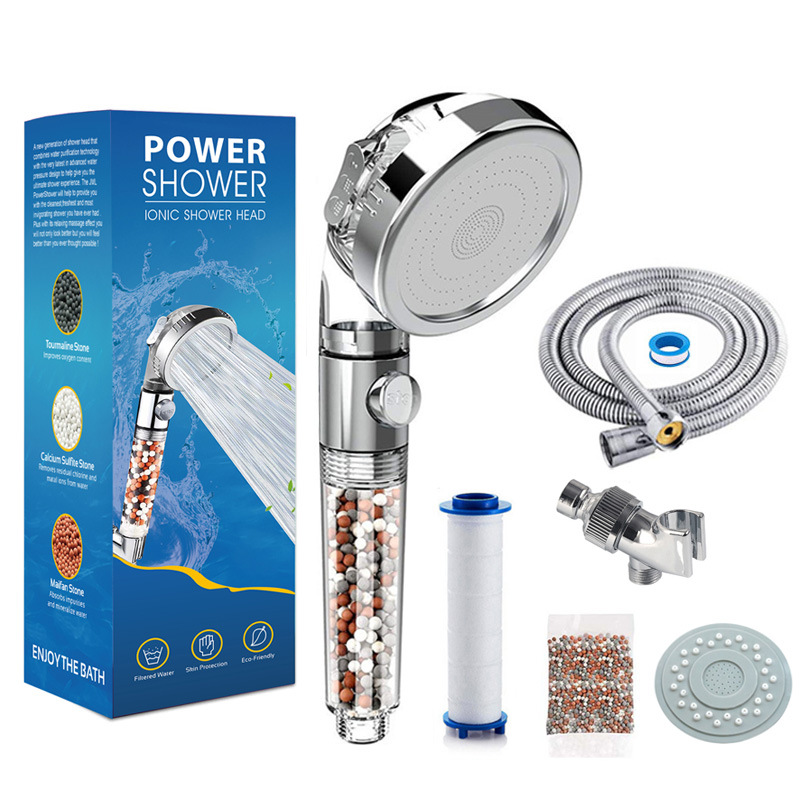 Three-piece set of cross-border three-level water outlet filtration waterstop showerhead, pressurized shower head, negative ion water purification showerhead full figure