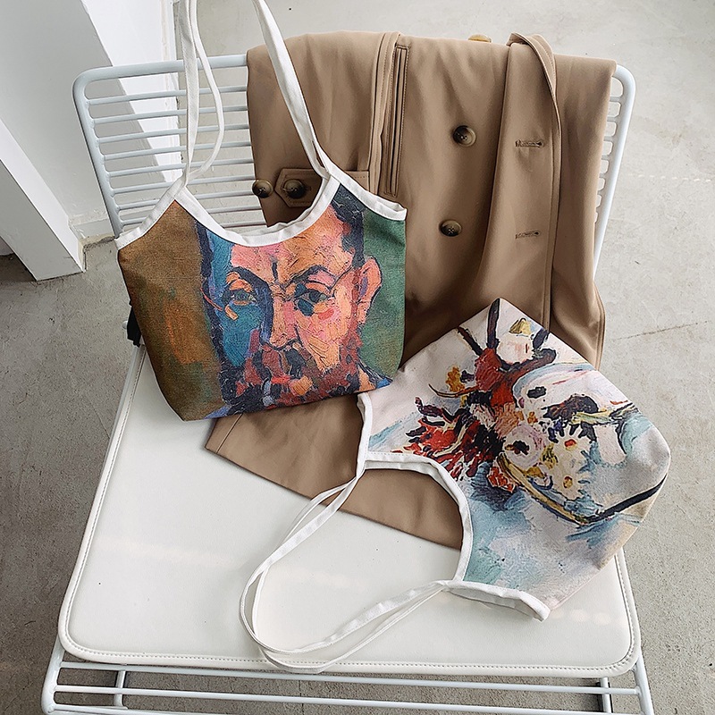 Spring oil painting handbag for women, 2020 autumn and winter new trendy single-shoulder large-capacity backpack for women, hand-held canvas full figure