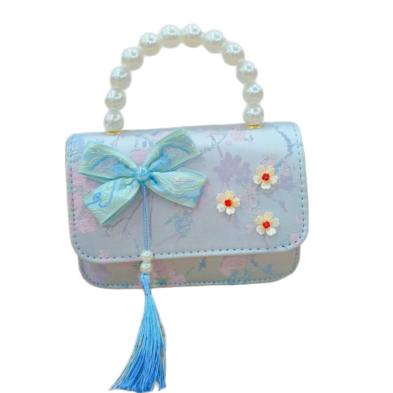 Cute pearl bow children's bag, new ancient-style tassel handbag, stylish colorful diamond-encrusted single-shoulder bag Item Picture