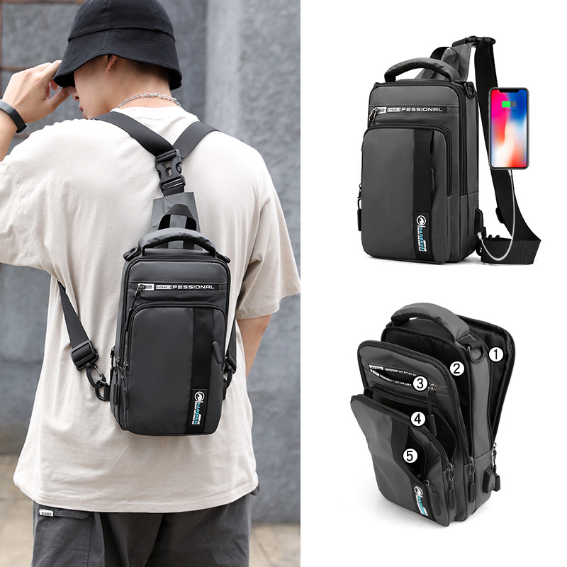 Hao Shuai's new outdoor multi-functional men's chest bag, trendy single-shoulder crossbody bag, USB charging backpack, men's cross-border bag Specification drawing