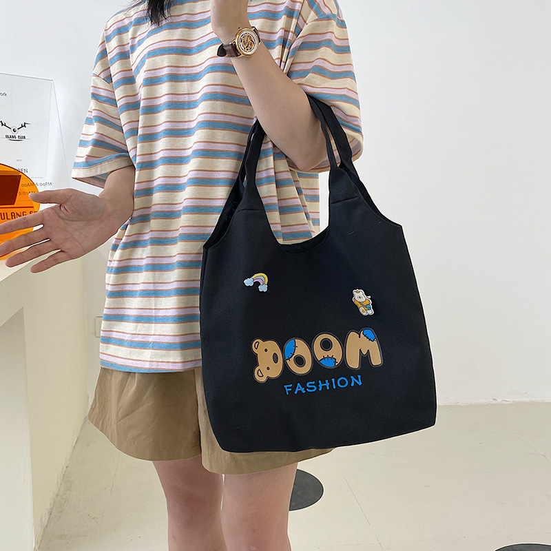 2021 Summer Japanese-style simple canvas bag, student backpack, single-shoulder handbag for going out, cartoon badge cotton bag Specification drawing