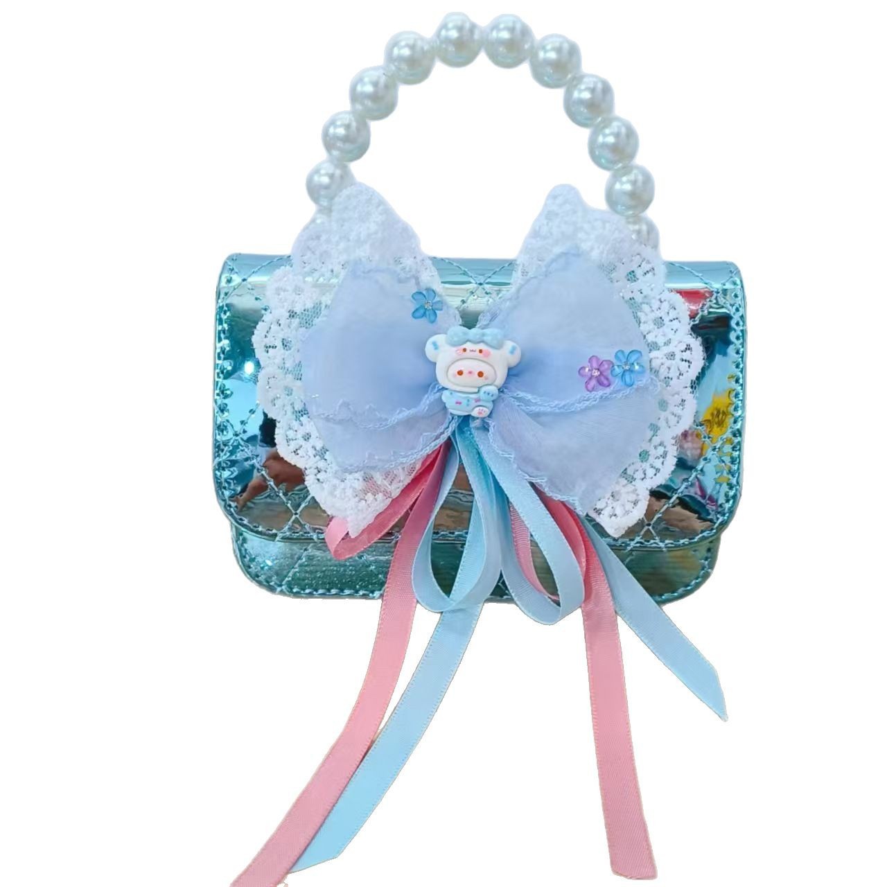 Butterfly Princess Bag, cartoon pearl handbag, single-shoulder crossbody coin purse, Girl's gift, laser chain small square bag Item Picture