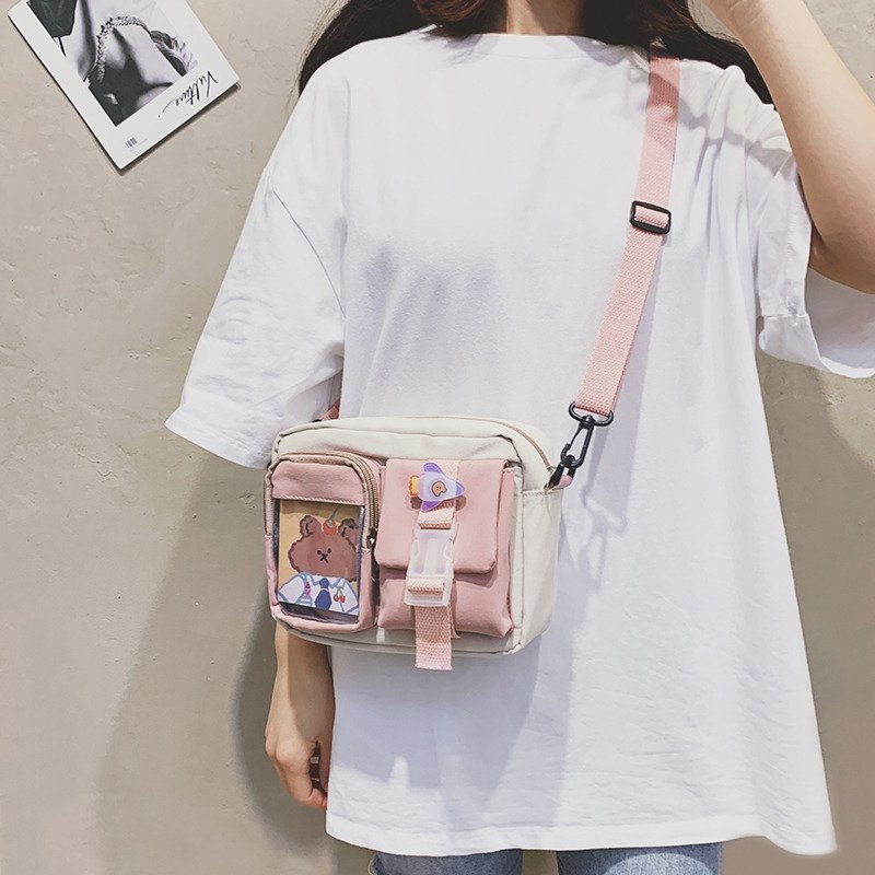 Single-shoulder bag, ins forest-style large capacity small bag, women's crossbody bag, cute student canvas, Japanese-style Harajuku small square bag Specification drawing