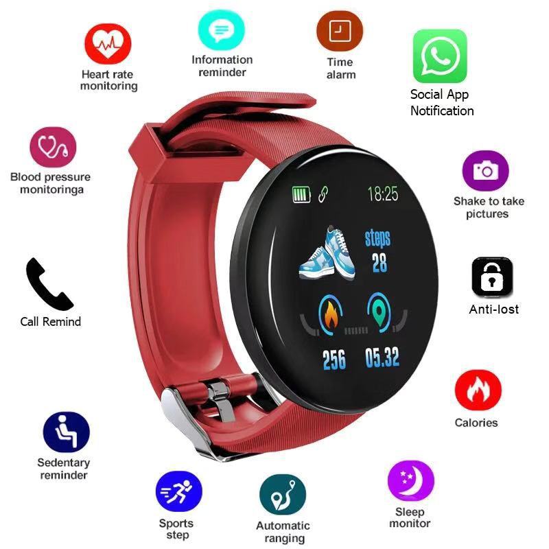 The D18 smart bracelet features a Bluetooth color screen for sports, step counting, blood pressure monitoring, sleep monitoring, heart rate monitoring, and is suitable for outdoor and cross-border activities Specification drawing