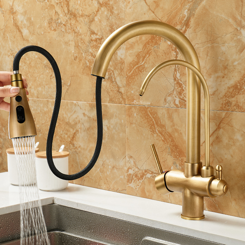 All-copper three-in-one pure water faucet, kitchen pull-out antique faucet, household sink, sink and pressurized faucet details Picture