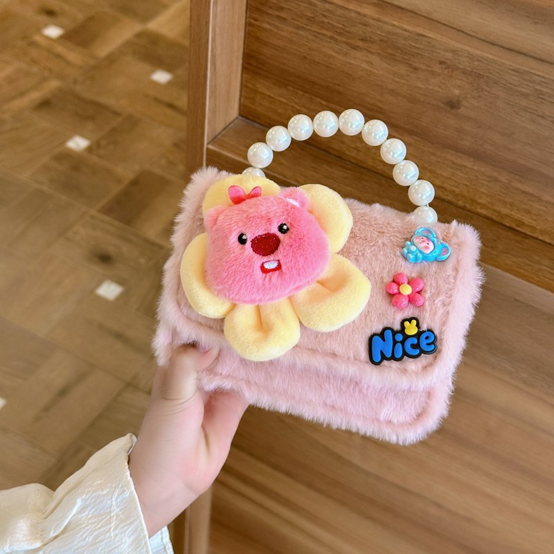 Hot spot sale: Kindergarten girl's small square bag, anime cartoon plush handbag, cute letter children's crossbody bag full figure