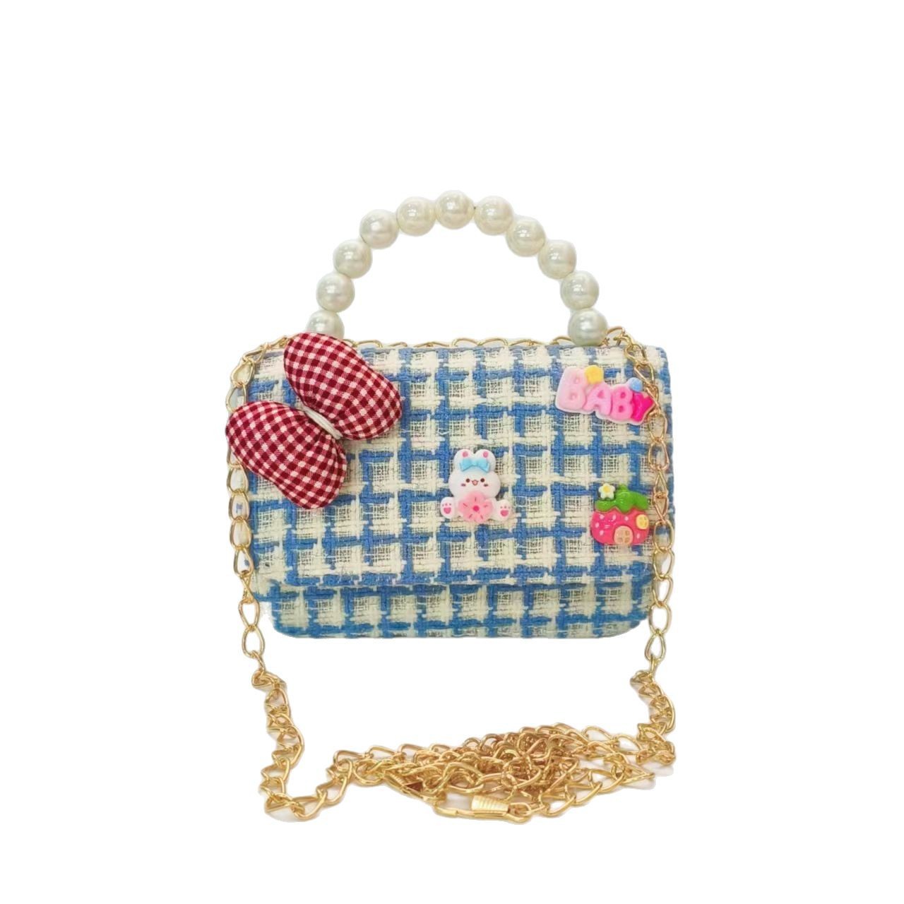 Bow rabbit pearl handbag, children's bag, little girl's loose change accessory bag, chain bag, bow small square bag Item Picture